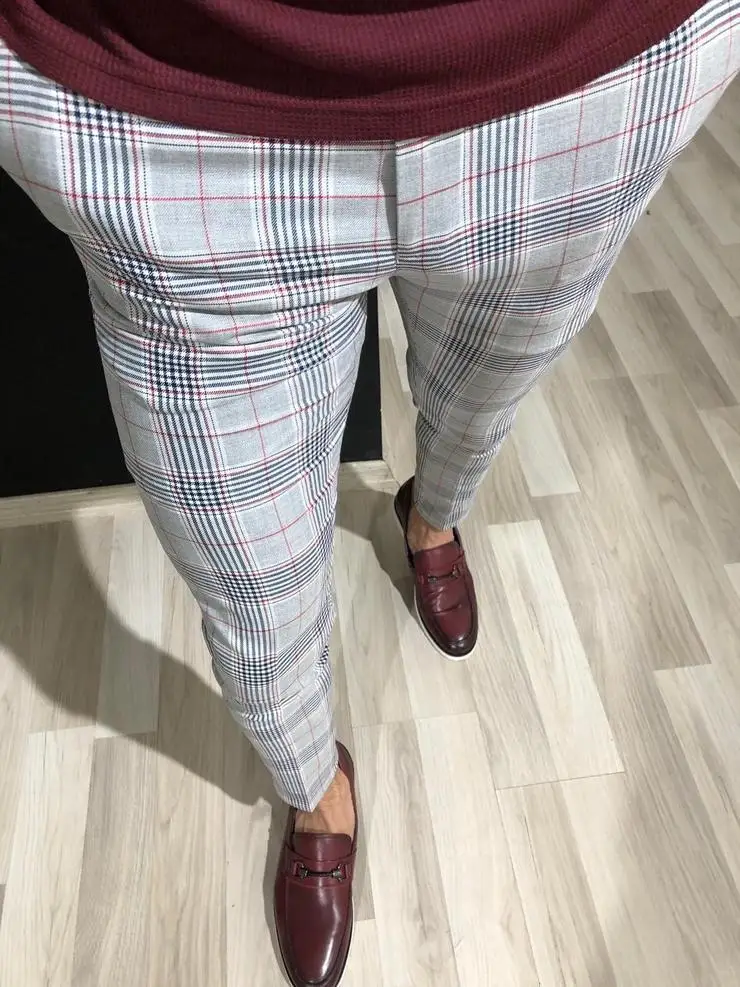 Pantalones de vestir ajustados para hombre, pantalón a cuadros, gris, formales, de negocios, ajustados, con raya lateral Om