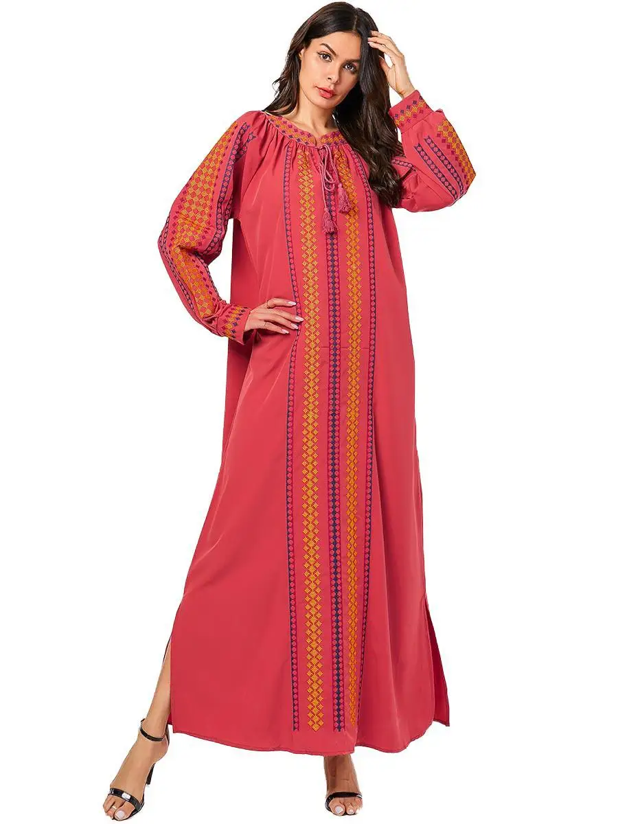 Вышивка abaya мусульманское длинное платье для девочки Ethinic женское Бохо украинский Дубай Кафтан Jilbab платье с длинным рукавом винтажное осеннее платье