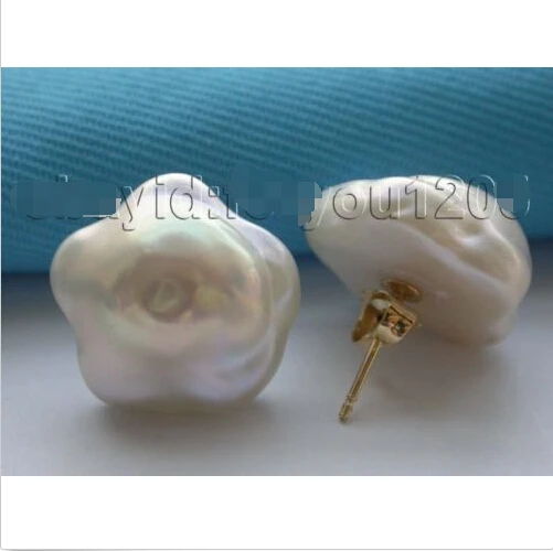 

@ genuine Natural 16mm White Reborn Keshi Flower Pearl Earrings studs 14KGP #f1471!