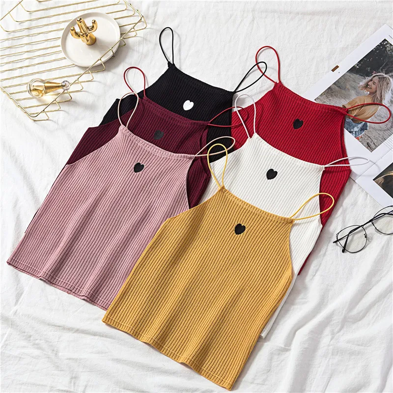 

Pearl Diary Women Summer Knitted Off shoulder Crop Tops Sweet Heart Embroidery Sexy Knit Going Out Slim Fit Korean Style Tops