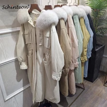 Schinteon/длинная куртка на утином пуху с натуральным мехом, зимняя теплая верхняя одежда, свободное повседневное пальто с капюшоном, большой воротник из лисьего меха