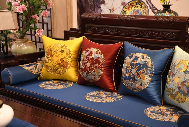 Последняя с вышивкой дракона и атласной отделкой, крышка подушки Чехол Диван Декоративная Наволочка на подушку для кресла китайский круглая крышка люка