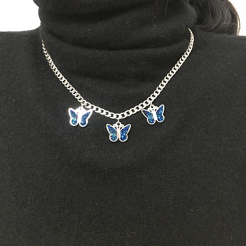 Ожерелье из нержавеющей стали с тремя бабочками для женщин, уличная панк готика, металлическое ожерелье, s чокер, воротник