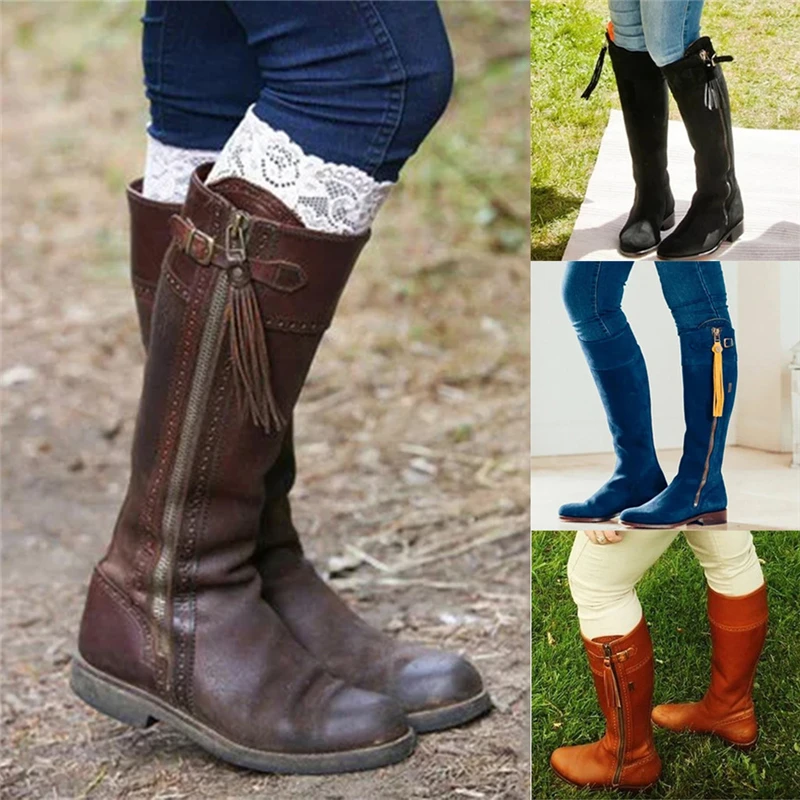 SAGACE Winter Warm Knee High Boots Womens Snow Boots PU Leather High Heels Side Round Toe Side Zipper Tassel Female Shoes 1026