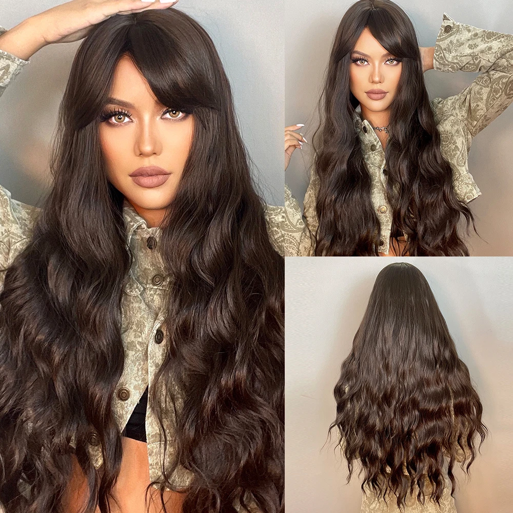 HENRY MARGU Dark Brown Wave Wigs Long Synthetic Wavy Natural Hair Temperature Wigs For Black/White Women Daily Cosplay Wigs