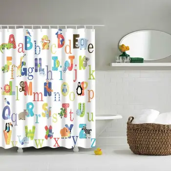 

Waterproof Thicken Polyester 3D Shower Curtain Animals and Letters Mildew Proof Bath Tub Curtain with 12 pcs Hooks