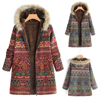 

Plus Size Women Long Sleeve Pockets Fleece Lined Ethnic Floral Print Hooded Coat