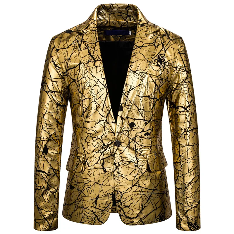 Блестящий Золотой костюм для ночного клуба, мужской пиджак на одной пуговице с принтом трещины для свадебной вечеринки, одежда для певцов, мужской смокинг, пиджак