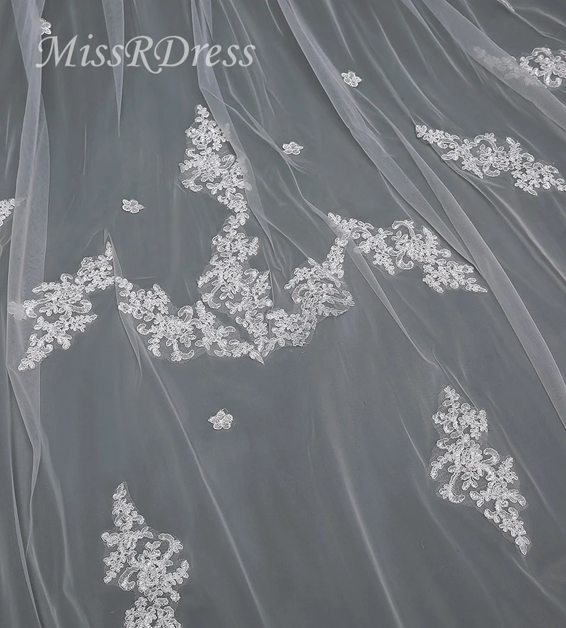 MissRDress Длинная фата Соборная вуаль кружева 3,8 м Аппликация Элегантный гребень аксессуары для свадьбы свадебный вуаль JKm46