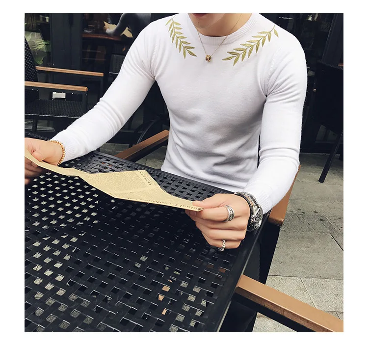 Embroidery Male Sweaters For Men Camisolas Homens Black White Grey Brown Stylish Slim Fit Elegant Sweater Hombre Kazak Erkek