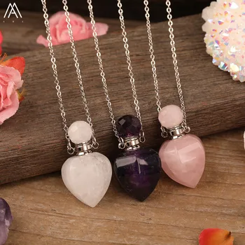 Natural White Jades Roses Amethysts Quartz Heart Shape Perfume Bottle Pendant Necklace Elegant Women Essential Oil Vial Jewelry