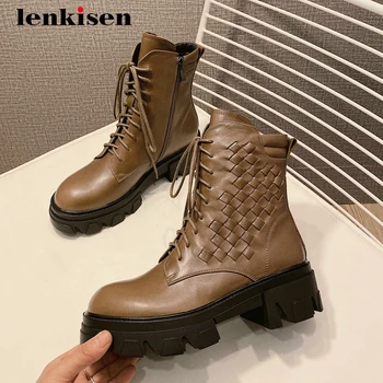 

Lenkisen motorcycle boots natural leather platform thick bottom round toe high heel lace up handsome punk maiden ankle boots L12