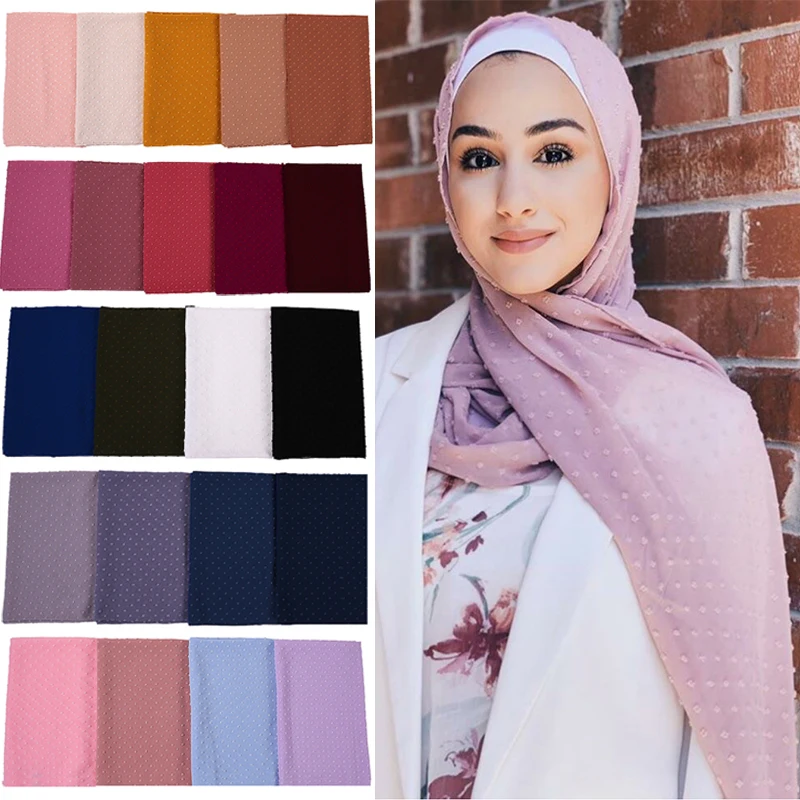 Luxuey Pom Bubble Chiffon Hijab Scarf Women Long Shawl Wrap Headband Islamic Muslim Scarves For