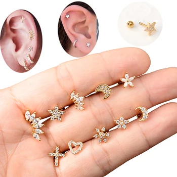 1 Pcs Stainless Steel Cross Heart Moon Star Piercing Cz Ear Studs Helix Piercing Rose Gold Color Cartilage Earring Tragus Conch