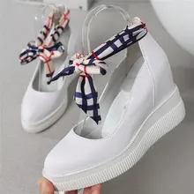 

Low Top Platform Wedges Mary Janes Women Genuine Leather High Heel Pumps Shoes Female Lace Up Round Toe Ankle Boots Casual Shoes