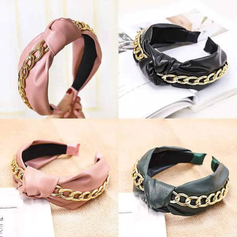 Korean Women Faux Leather Wide Headband Lady Stylish Punk Metal Chains Embellished Hair Hoop Female Casual Headwear Accessory