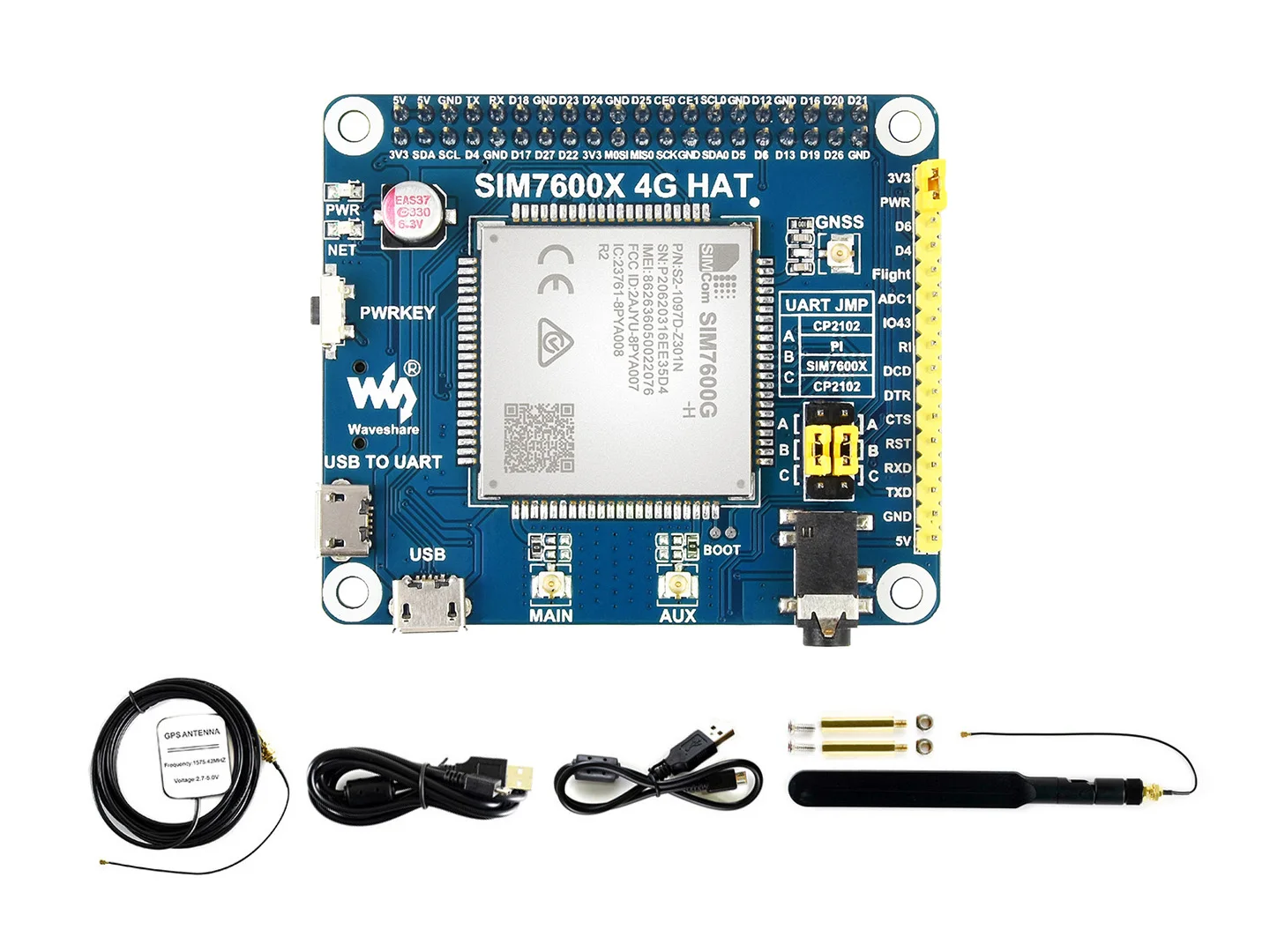 

Waveshare SIM7600G-H 4G HAT For Raspberry Pi, LTE Cat-4 4G / 3G / 2G Support, GNSS Positioning, Global Band