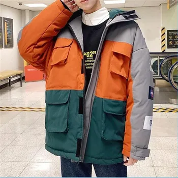 

Winter fashion colors patchwork hooded mens loose cotton-padded jackets casual streetwear hip hop homme coat