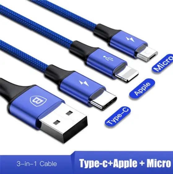 Type iP Micro Blue Baseus Тип usb C кабель 3 в 1 для iPhone X, 8, 7, 6, микро USB кабель 2 в 1 зарядный кабель для samsung s9 3A провод для быстрой зарядки для Huaiwei - Цвет: Type iP Micro Blue