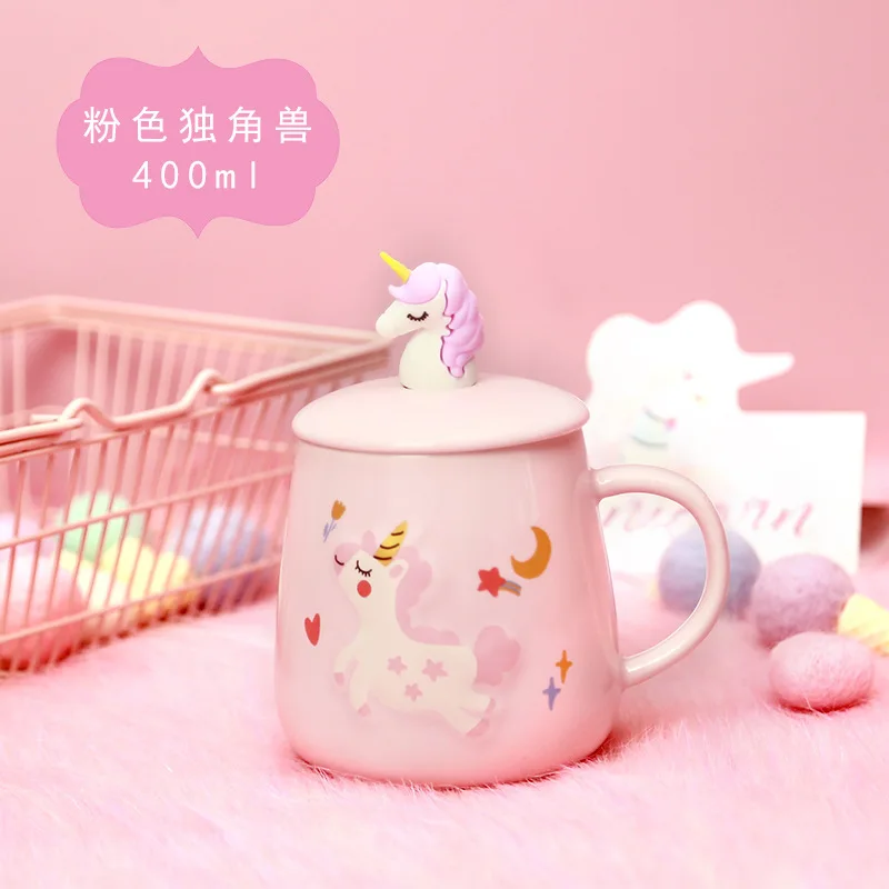 Новинка мультфильм Единорог кофейная кружка с крышкой и 3D Единорог звезда ложка розовый кофе молоко творческая чашка для чая подарок для девочек - Цвет: Unicorn spoon Pink