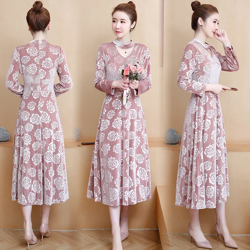 

2020 Autumn & Winter New Style Large Size Dress Elegant Long-sleeved Dress Large Girl's Slimming Mid-length Base Skirt