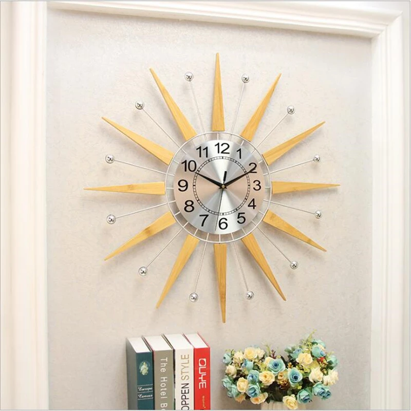 

Wall Clock Modern Design Wooden and Metal for Two Color Wood and Brown Sun Shape Office Kitchen Modern Decor Clocks