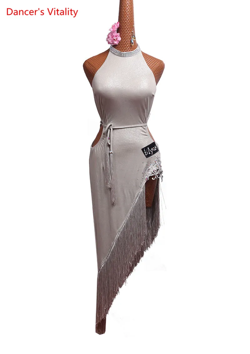 

Custom Made Latin Dance Competition Performance Silver Twill Skirt Fringe Skirt Chinese Style Collar Off Shoulder Flower