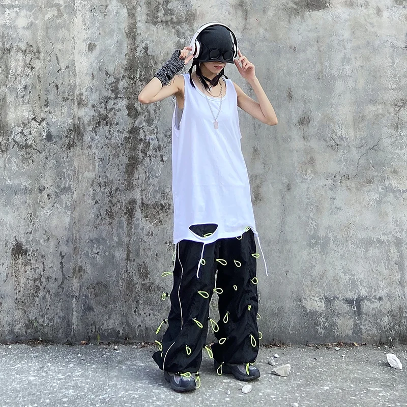 [EAM] High Elastic Waist Green Drawstring Wide Leg Long Trousers New Loose Fit Pants Women Fashion Tide Spring Autumn 2020 1X847