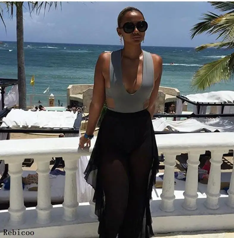 

Women Sexy See through Mesh Sheer Wide Leg Pants Flared Trousers High Waist Sequined sunscreen pants Party Club Summer