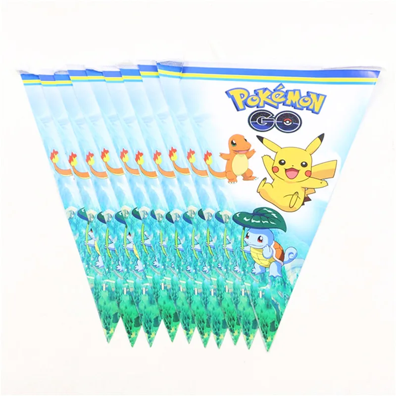 Pokemon Birthday Party Supplies Tableware Set Party Paper Plates Cup Napkins Pokemon Party Balloon Decorations Hats Flags Candle - Color: Flags-10pcs