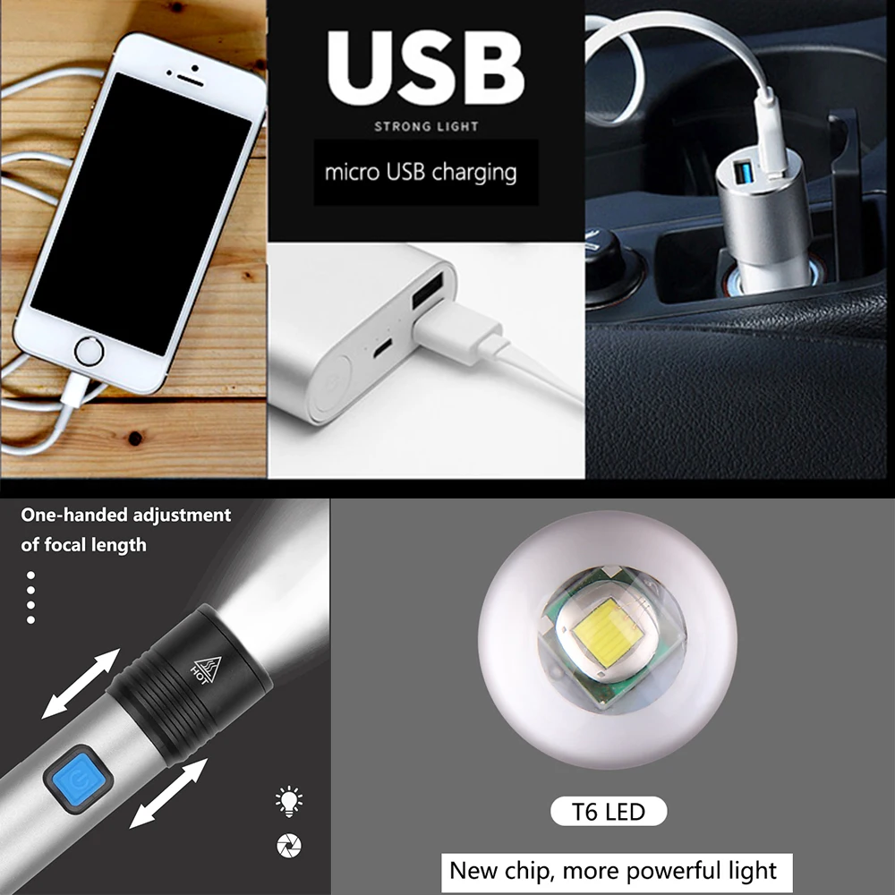 3000 лм USB Перезаряжаемый светодиодный светильник-вспышка с Т6 светодиодный встроенный литиевый аккумулятор водонепроницаемый походный светильник масштабируемый фонарь