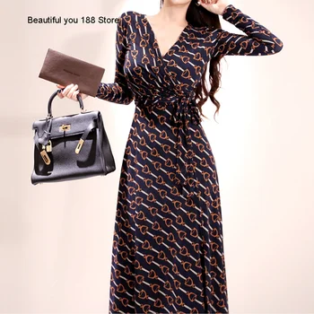 

women's autumn new wear Korean style long sleeve dress printed elegant slimming lace-up V-neck wrap
