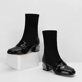 

buckle Decoration Women Ankle Boots Fashion genuine Leather Thick Heels ladies boots Party casual Shoes Woman