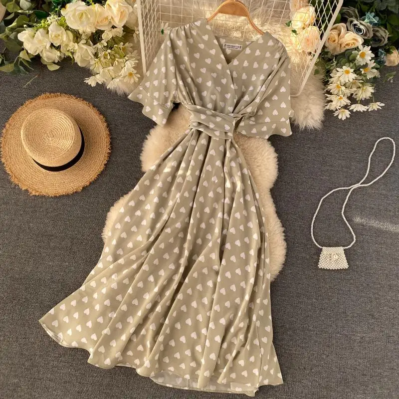 SINGRAIN Women Long Print Dress Summer Holiday French Korean Romantic Beach Dress Short Sleeve Clubwear Bohemian Floral Sundress