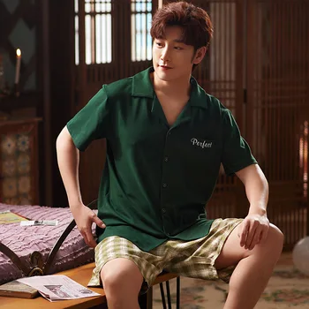 

Couples Sleepwear Summer Pajamas Set Comfortable Cotton Cardigan Pajamas Short Sleeve Tops Short Trousers Pajamas Set