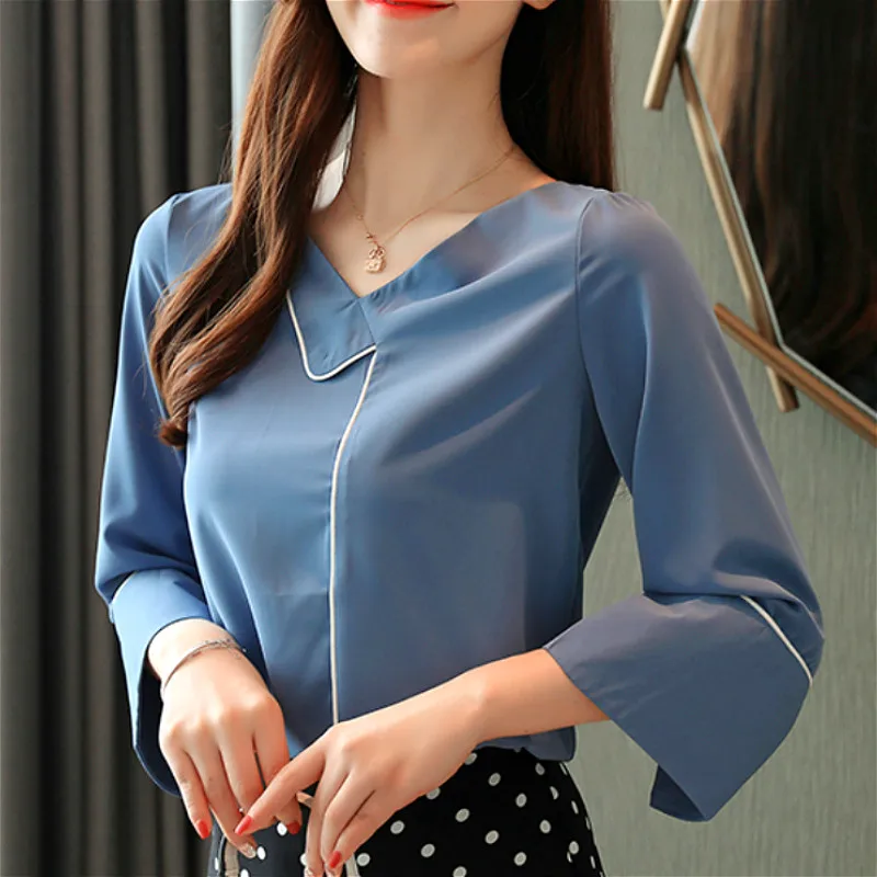 

Blusas mujer de moda 2019 chiffon blouse shirts for women tops solid Three Quarter Spliced V-Neck white shirts ladies tops 0187