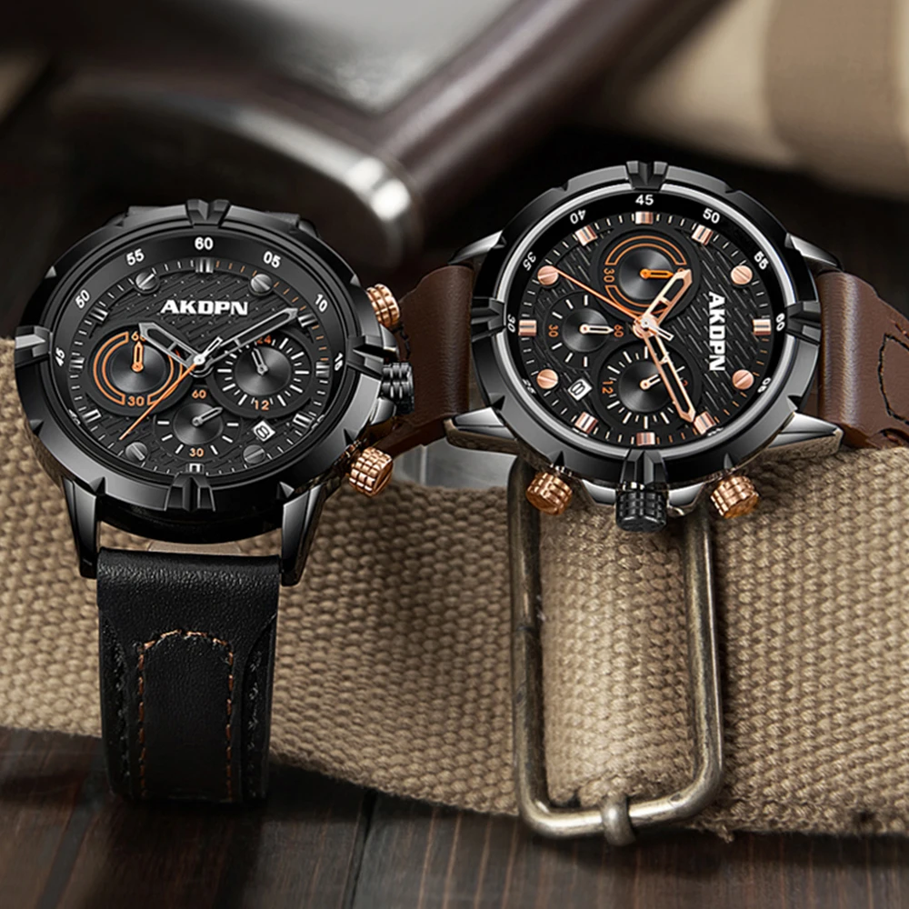 Luxury Quartz Men's Watch Function Dial Luminous Date Classic Sports Chronograph Male Watches Waterproof Leather Strap Relogio