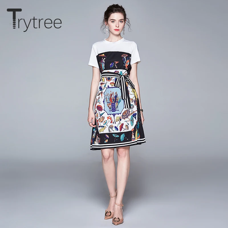 Trytree, Осеннее женское платье, повседневное, с принтом, с поясом, с круглым вырезом, с соединением, шелковая футболка, платье трапециевидной формы, длиной до колен, модное, офисное, женское платье