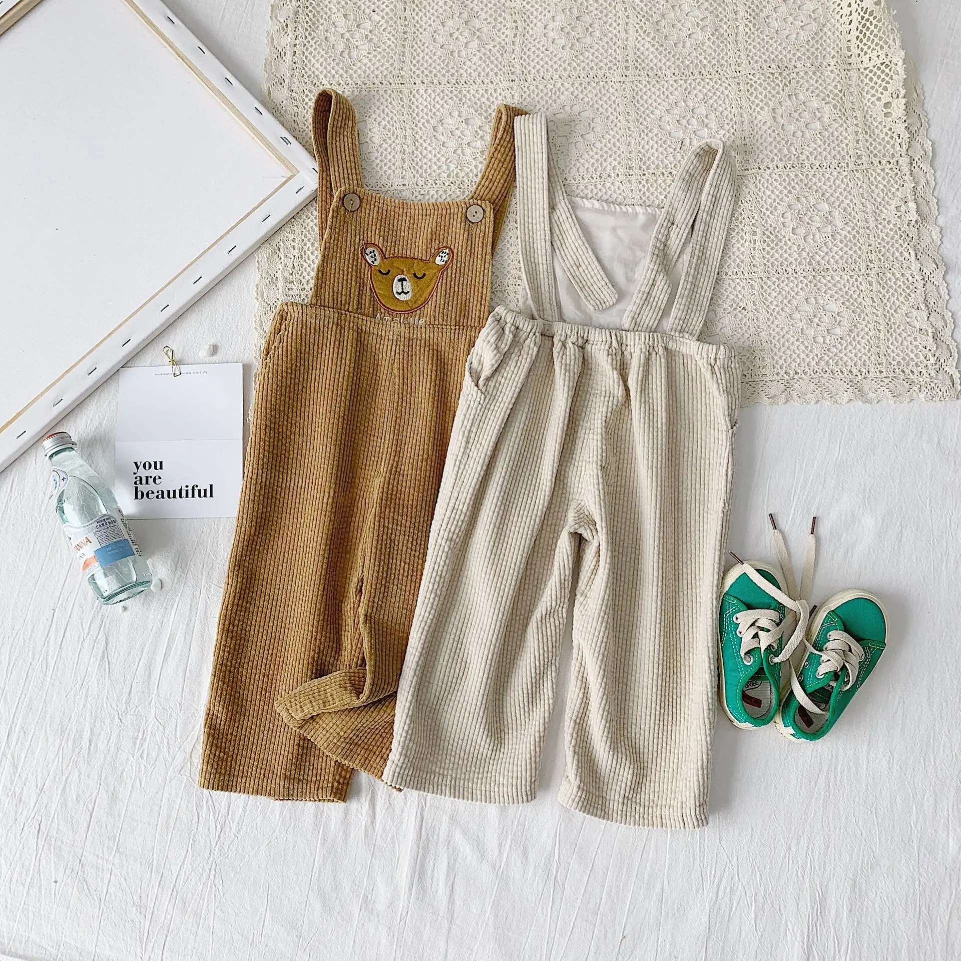 autumn baby boys and girls pants cute bear corduroy overalls kids bib pants