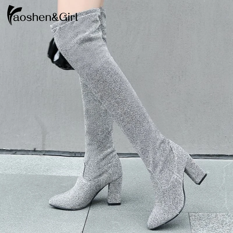 

Haoshen&Girl Women Over the Knee High Boots Sequi Special fabric Stretch boots High Heel Thin High Boots Winter Shoes Size 10.5