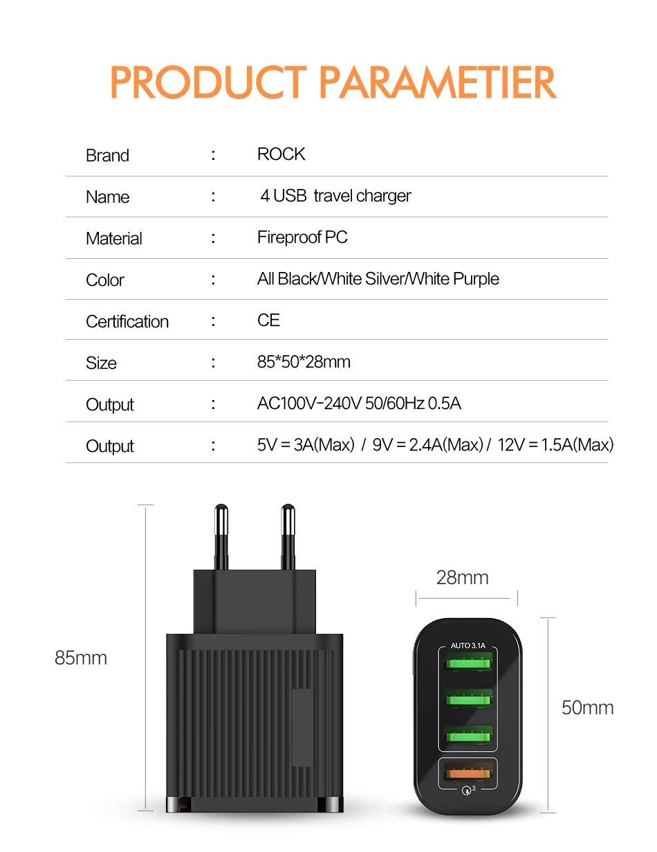 ROCK Quick Charge 3,0 зарядное устройство для телефона 4 порта USB 35 Вт QC 3,0 быстрое зарядное устройство для iPhone 11 Xiaomi huawei настенное зарядное устройство адаптер