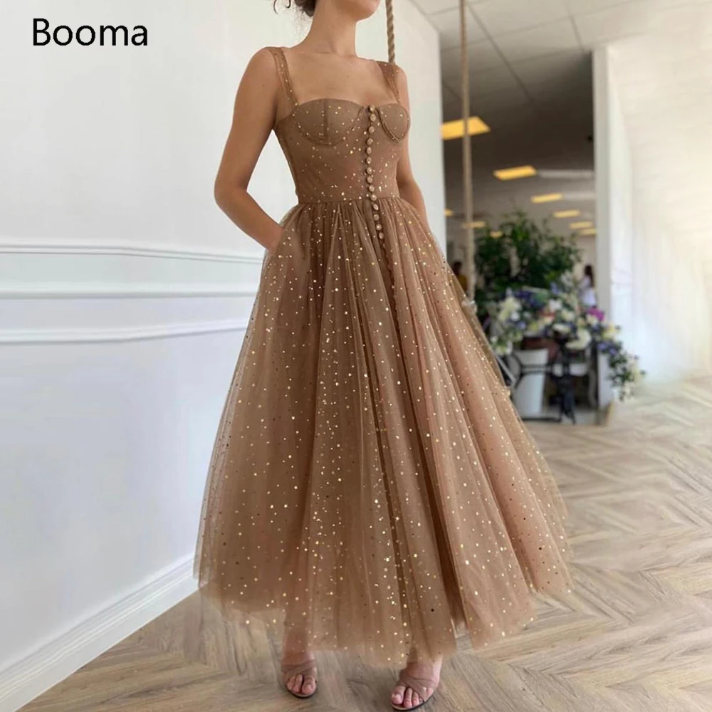 

Booma Sparkly Coffee Short Prom Dresses Straps Starry Tulle Buttoned A-Line Evening Dresses Open Back Tea-Length Formal Gowns
