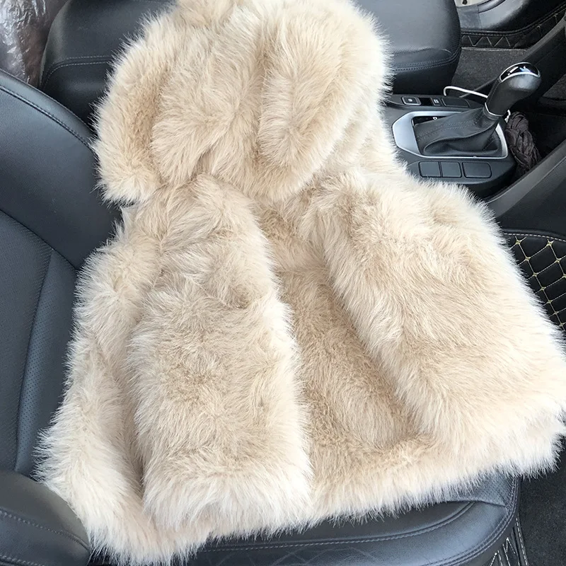 

2-10Y Winter Kids Faux Fur Hood Coats Jacket Long Sleeve Warm Christmas Birthday Girl Fur Coat Parka for Teenage Kids Clothes