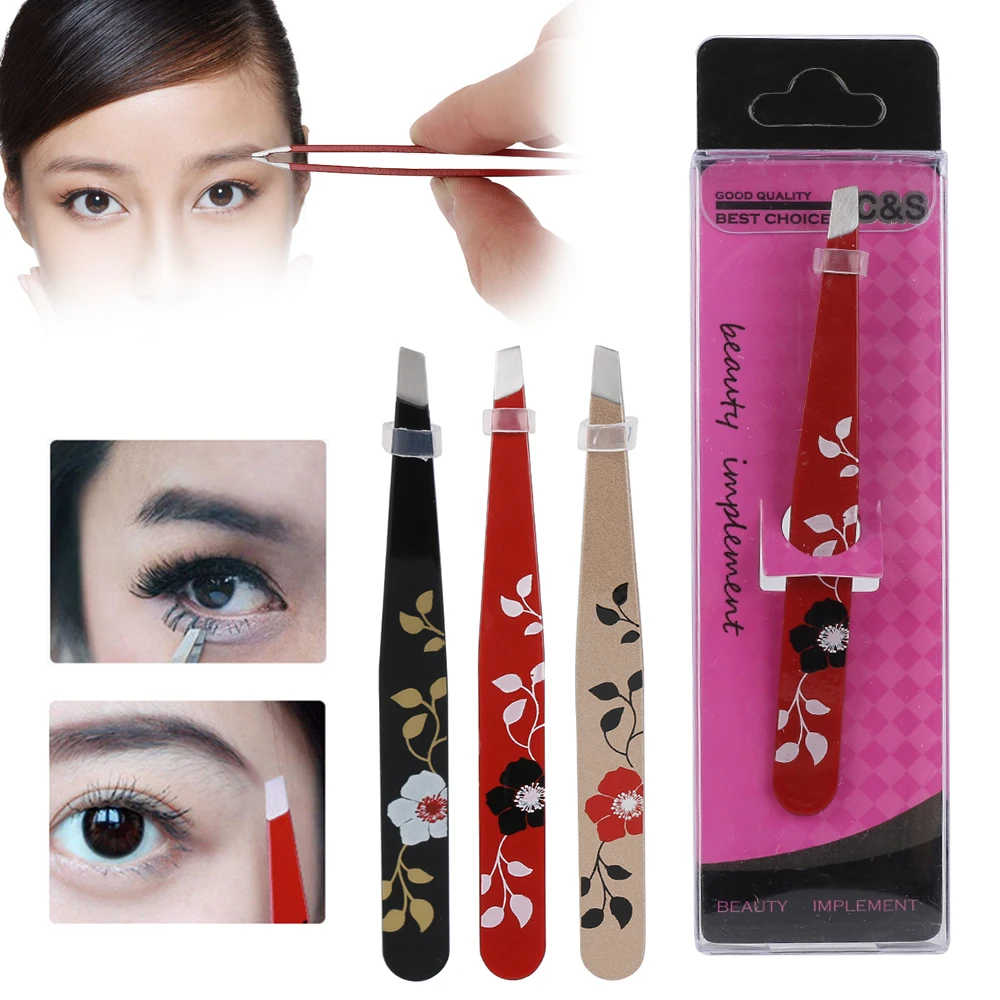 Hot Sale 1pc Pro Eyebrow Tweezer Flower Printed Stainless Steel Eyebrow Tweezer Slant Tip Brow Trimmer Hair Removal Makeup Tool