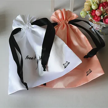 

Custom Logo Packaging for Small Case Eyelashes High Quality Satin Bags Black Ribbon Drawstring Pocket 100pcs/lot