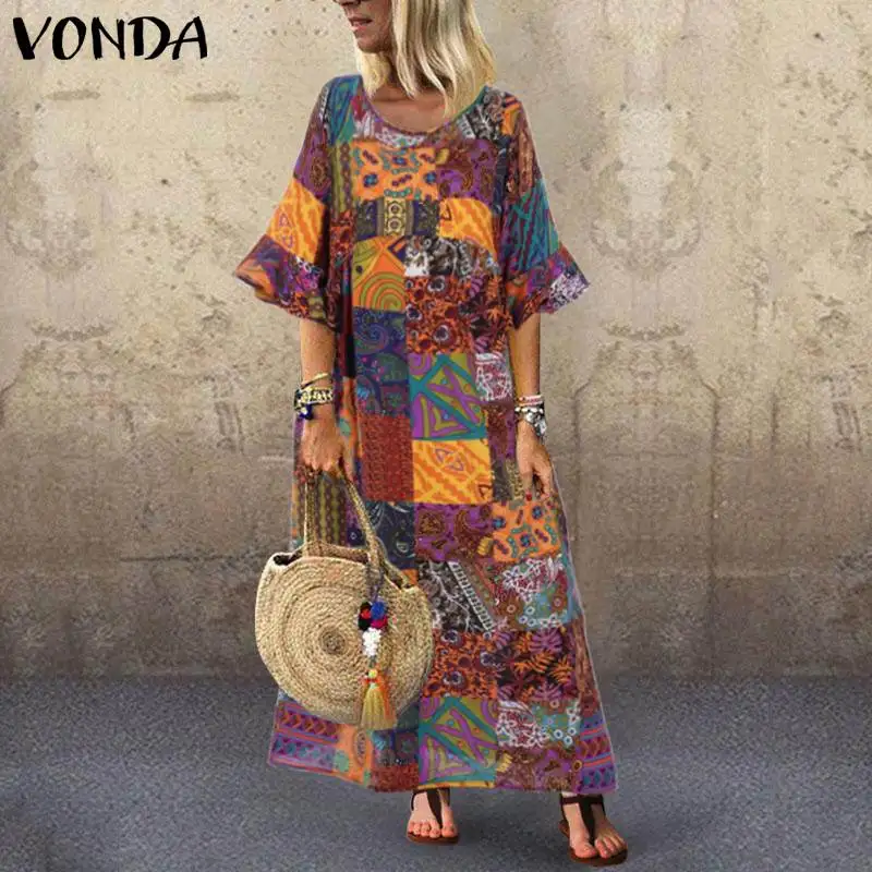 VONDA, винтажное платье размера плюс, с принтом, длинные платья для женщин, повседневные, свободные, вечерние, Vestidos Femme, пляжный сарафан, больше размера d Robe