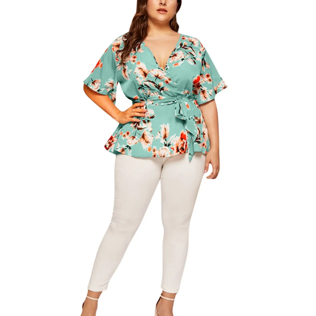 5xl Plus Size Floral V-neck Shirt Women's Casual Short Sleeve Tunic Printing Waist Belt Blouses Tops Women Clothing Blusas Mujer shirts & tops Blouses & Shirts