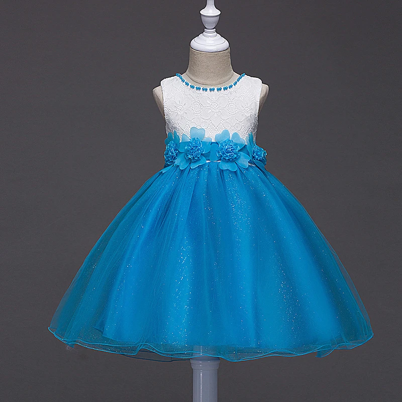 Детское праздничное платье для девочек от 3 до 14 лет, без рукавов, с цветочным узором, бисером, голубого цвета, цвета шампанского, красного цвета, Сетчатое белое кружевное платье Одежда для девочек, 1A8D - Цвет: 16840 sky blue