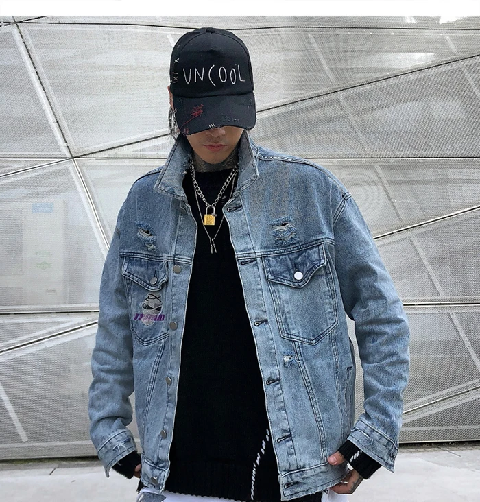 AELFRIC Alien напечатаны мужские джинсовые куртки Harajuku хип хоп пальто с отверстиями модные повседневные негабаритные мужские Верхняя одежда с длинными рукавами уличная