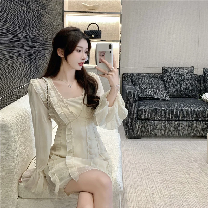 France Summer Women Long Sleeve Retro Dresses 2021 Ruffle Solid Color Square Collar Sweet Voile Bodycon Sexy Dress Vestidos y2K | Женская